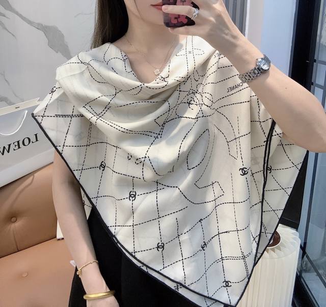 Chanel New Arrival 140*140 Silk Wool Taiwan Version Print Black and White High-e