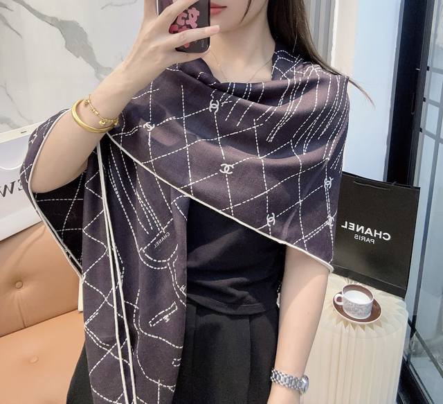 Chanel New Arrival 140*140 Silk Wool Taiwan Version Print Black and White High-e