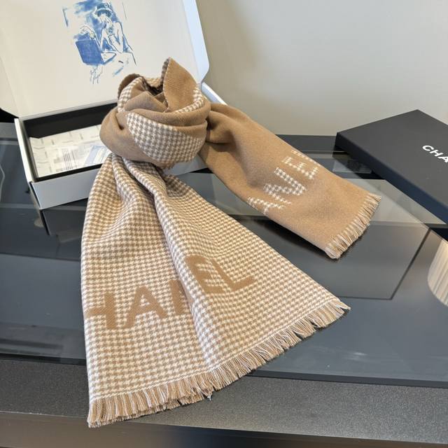 Houndstooth Double-Panel Large Shawl in Milk Tea Color Size: 180X45Cm 100% Cashm