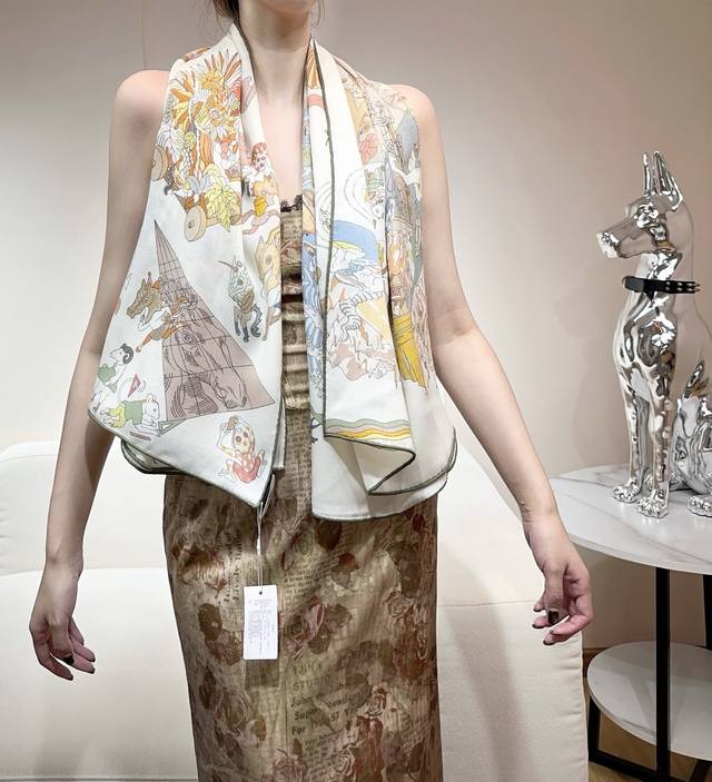 Equestrian Academy" 140 Reversible Tonal Silk and Wool Shawl ~ Hermes Hand-rolle