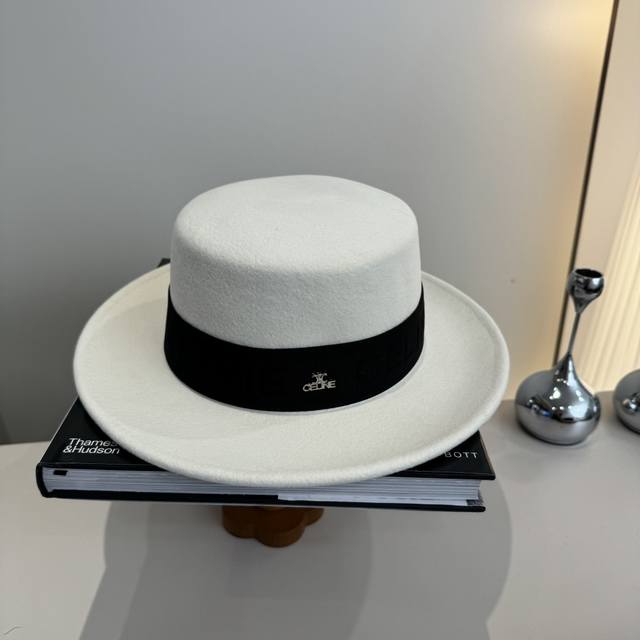 White Celine Fall/Winter New Wool Hat, Flat Top Hat, 100% Wool Fabric, Head Cir