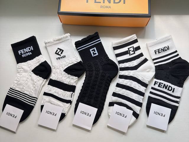 Fendi Ff New Mid-Calf Women's Socks, Box of 5 Pairs. Featuring the classic doub