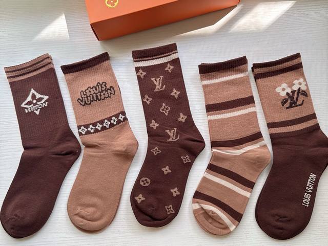New Louis Vuitton women's high socks, box of five, pure cotton, jacquard classi