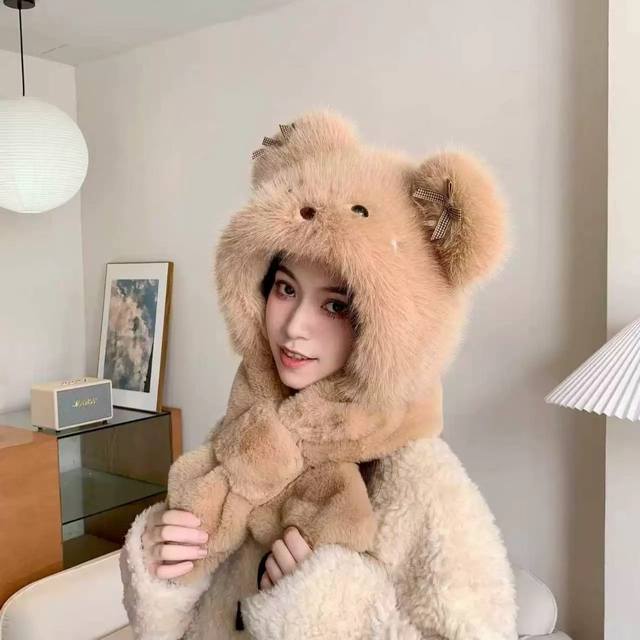 Chanel fluffy cute bear ear bow plush hat and scarf two-piece set, thick and war