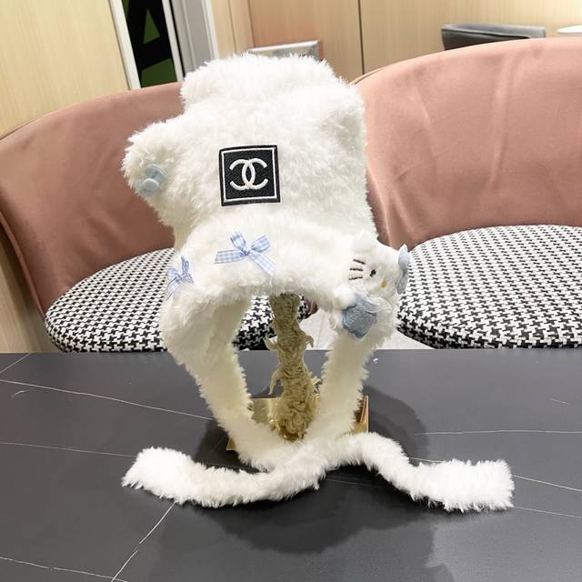 Chanel Japanese Style Cartoon Plush Bear Ear Tie-Up Hat for Women, Autumn/Winter