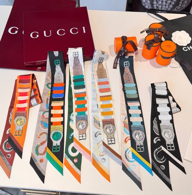 Hermes "Poetic Retrospective" Twilly Mini Silk Scarf. Twilly silk ribbon, 100%