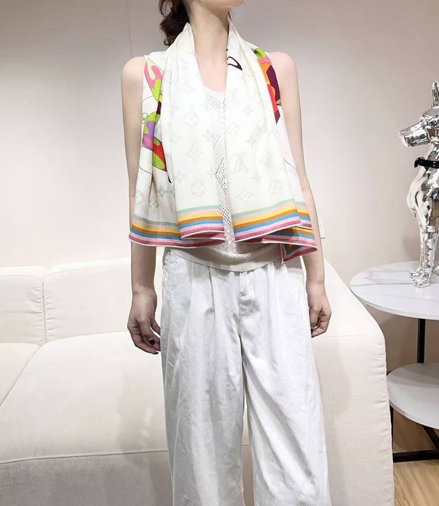 Lv X Tm Superflat 140 Silk Wool Square Scarf 140 Silk Wool Double-sided Tonal Sh