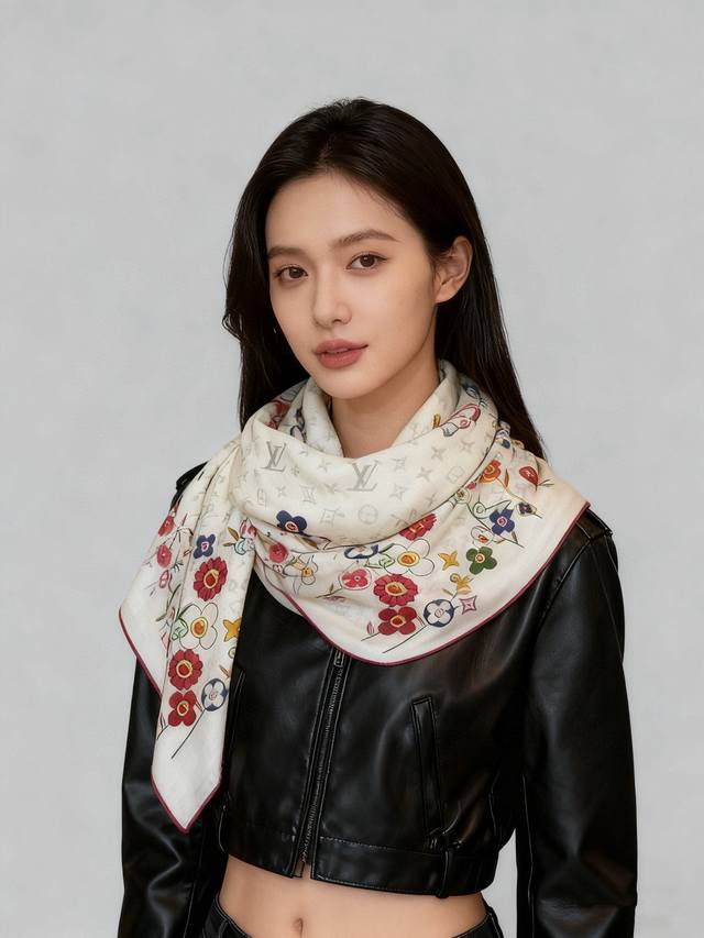 Lv X Tm Superflat Flowers 140 Shawl 140 Top-quality velvet double-sided tonal pr