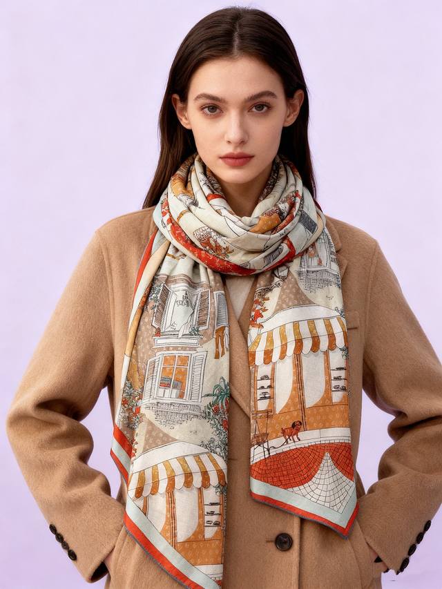 Fendi square scarf in velvet. Featuring a custom "Walking Around Rome" pattern i