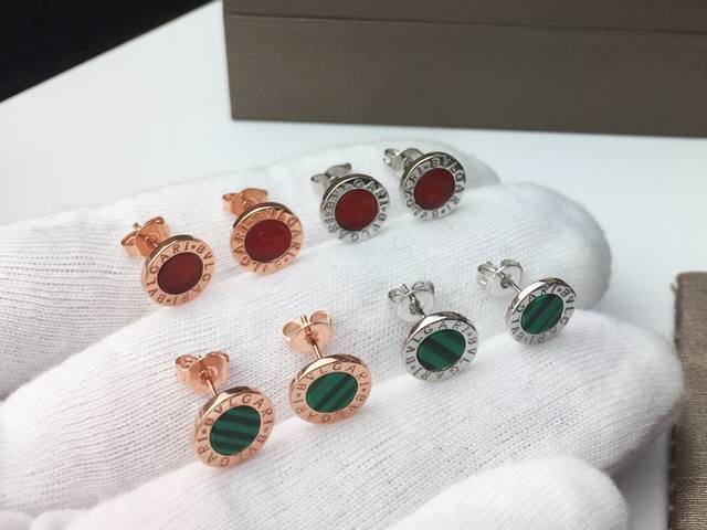 Bvlgari Red Agate and Malachite Earrings, Rose Gold, 9mm Diameter, Unisex, Matt