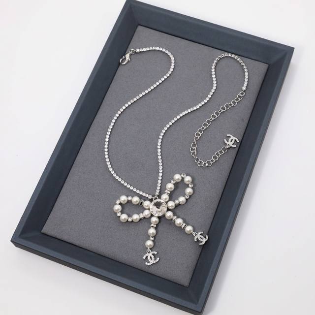 Ch Nel Necklace, white gold rhinestone chain pearl rhinestone bow tassel pendant