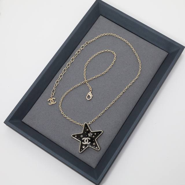 Ch Nel Necklace: Black enamel star-shaped crystal pearl rhinestone pendant women