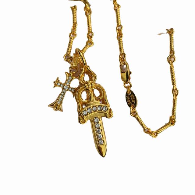 18K Gold Plated Ch Croxin Sword Openwork Cross Necklace, Unique Hip Hop Style f