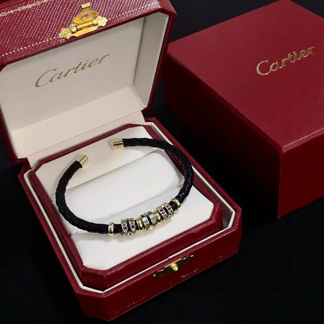 Cartier Diamond-Set Leather Cord Bangle, High-End Custom Version. Diamond setti
