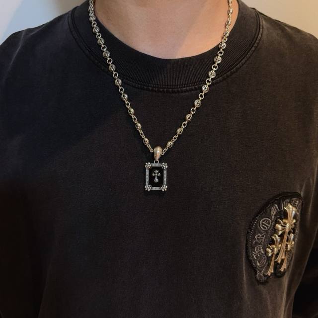 Authentic quality Chrome Hearts retro necklace with square cross pendant. The em