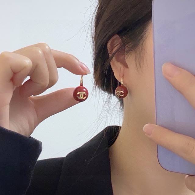 New Chanel Double C Simple New Year Red Cherry Pearl Stud Earrings and Hooks. Th