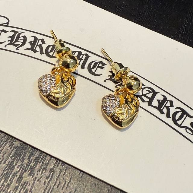 Chrome Hearts Gold Full Diamond Vine Heart Earrings Studs - Imported Electroplat