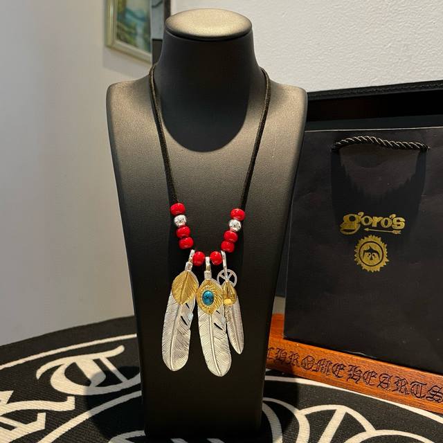 New Arrival: Goro'S Takahashi Goro Leather Cord Glass Feather Pendant, Top-Tier