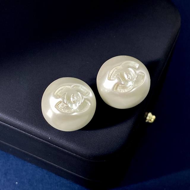 Chanel Mini Elegant White Moonlight Spherical Pearl Earrings, Round Resin Pearl