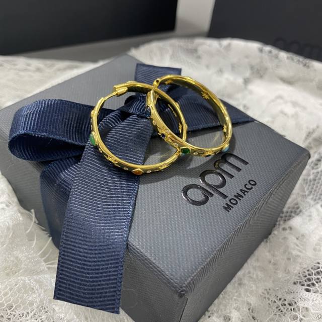 Apm Roman-style medium-sized colored stone circle silver earrings, elegant coupl