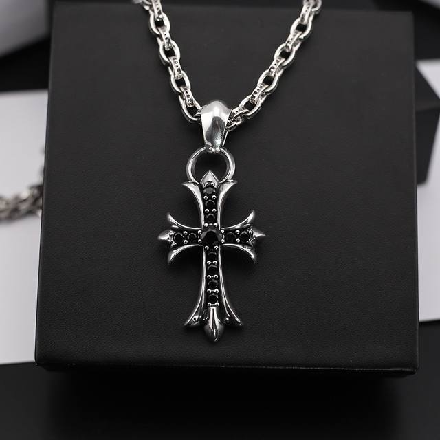 Ch Chro Vintage Black Diamond Cross Heavy Inlaid Letter Necklace Punk Unisex Eur