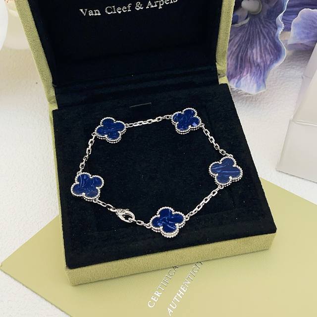 Vs038 Vancleef*Arpel* Dark Blue Mother-of-Pearl Four-Leaf Clover Five-Flower Sil
