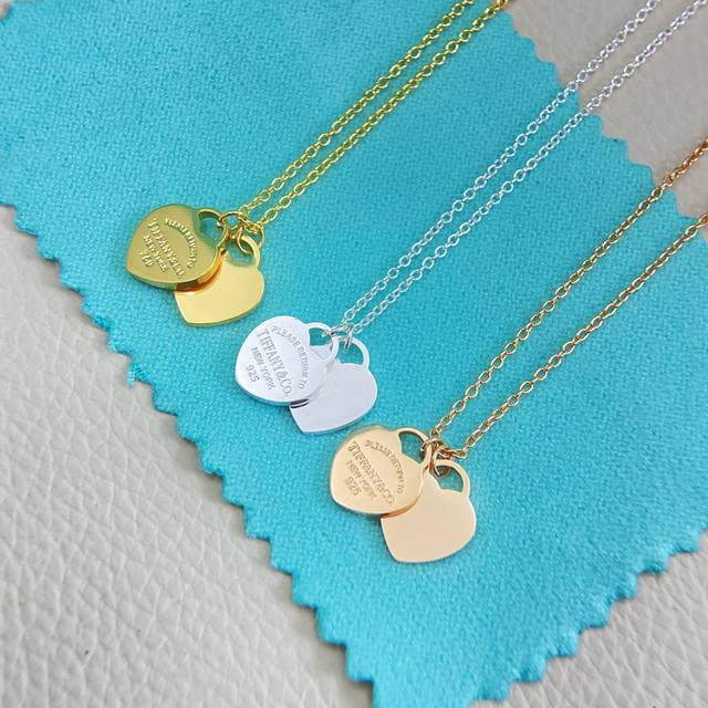 New Tiffany Double Heart Necklace, Silver, Rose Gold, Yellow Gold, Rose Gold, Y