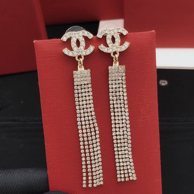 Item No. Xed0173 Ch*Nel Double C Tassel Diamond Stud Earrings - Super Sparkling,