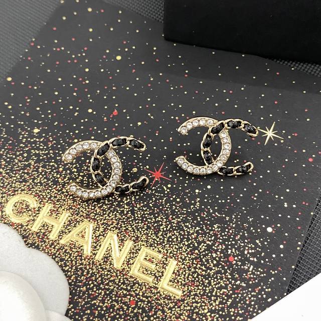 In Stock Sharing: Ch Nel Black and Gold Double C Chain Stud Earrings with Cryst