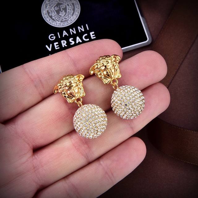 Versace Medusa Gold Head Maze Design Stud Earrings, Runway Style, Selected Origi
