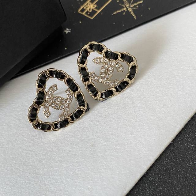 Chanel Leather Crystal Letter Heart Earrings, Newest Early Spring 2026 - Super H