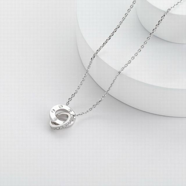 Cartier Mini Round Double Ring Full Diamond Necklace Interlocking round rings, b