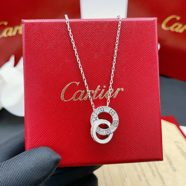 Cartie* Latest Cartie Double Ring Round Diamond-Set Silver Necklace, made of the