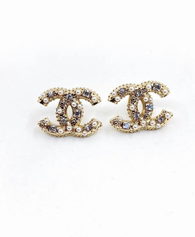 Chanel Perfect Quality Square Diamond and Pearl Stud Earrings, Original Brass Ma