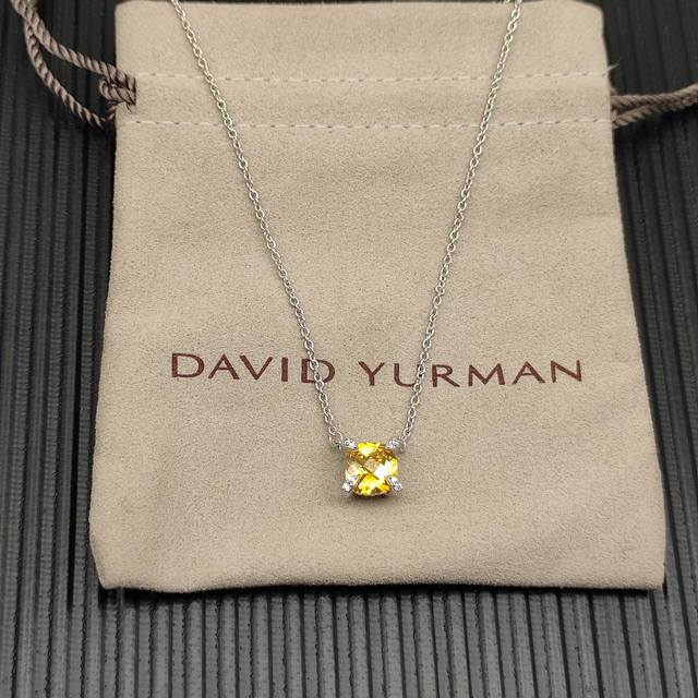 David Yurman Silver Yellow Diamond Center Stone 8mm Four-Prong Necklace. Length