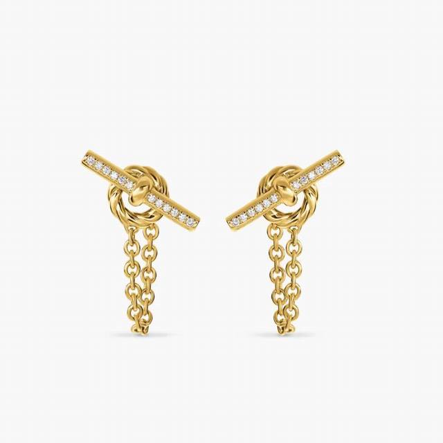 David Yurman Gold Pettit Chain Earrings with Diamonds, 38.2mm. Item No. Dyeh-167