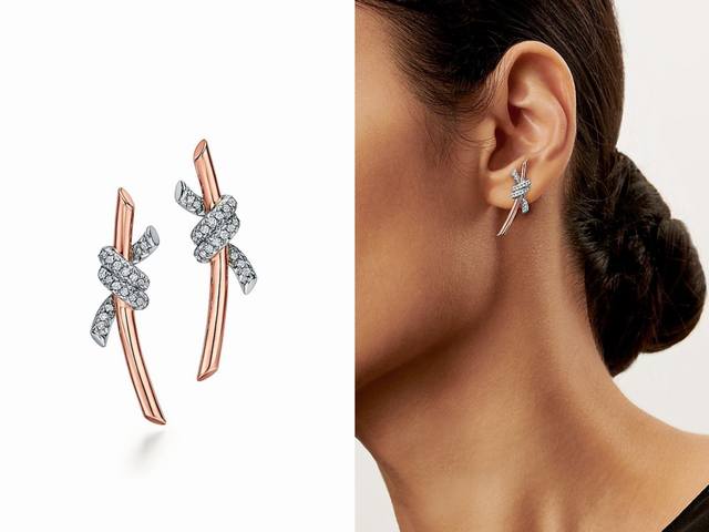 Tiffany Two-Tone Half-Diamond Knot Earrings, made of argyle gold and set with hi