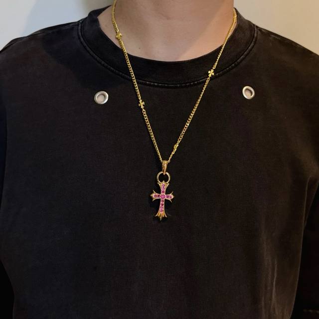 New boutique quality Chrome Hearts gold multi-element pink diamond cross necklac