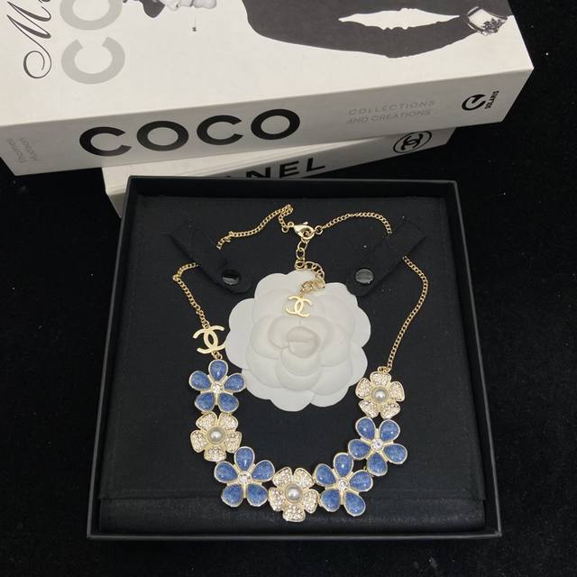 Chanel Early Spring New Denim Blue Floral Double C Necklace Fresh yet with a tou