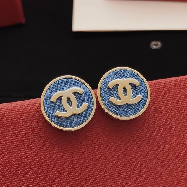 Item No. Xed0568 Ch*Nel Latest Round Blue Denim Earrings, Batch Z, Brass Materia